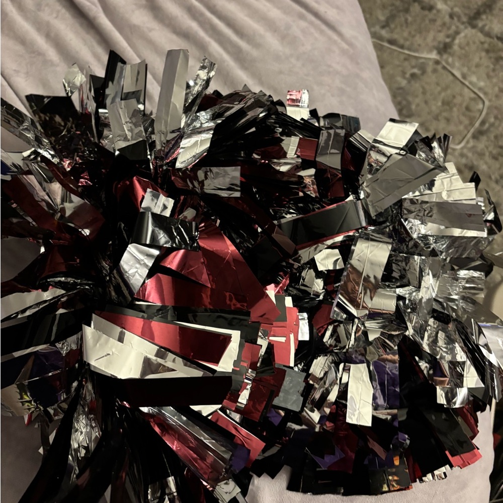 Maroon, Black, and Silver Pom Poms, red, white, and blue poms, and red